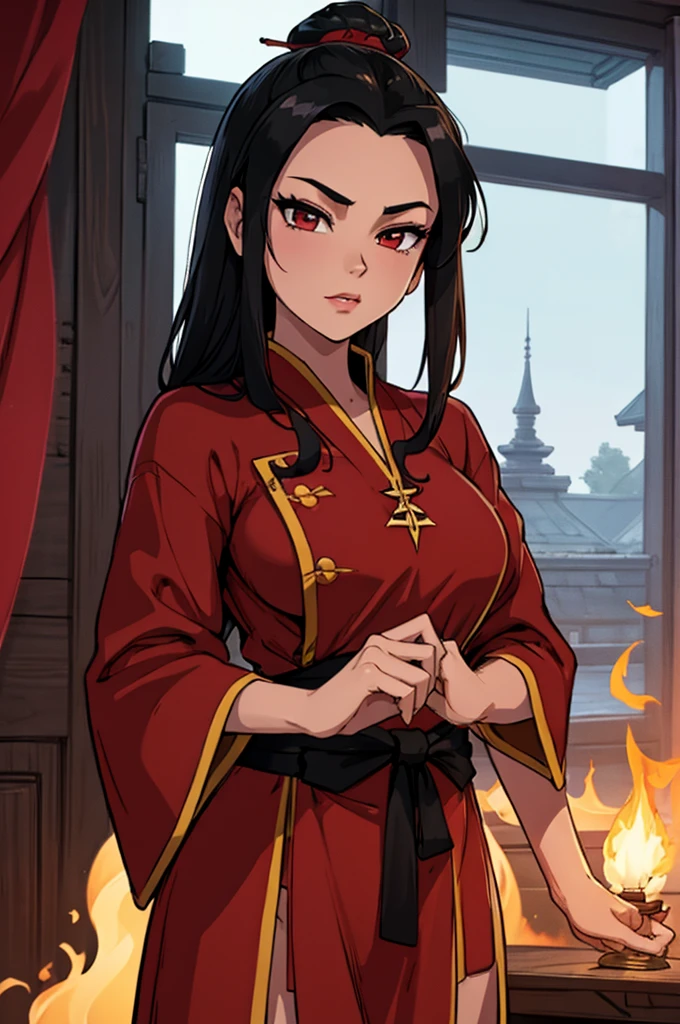 high quality, 4k quality, Azula, cute sexy girl with black hair, nude tits, red short robe, dark room lit by torches, night in the room, dark room