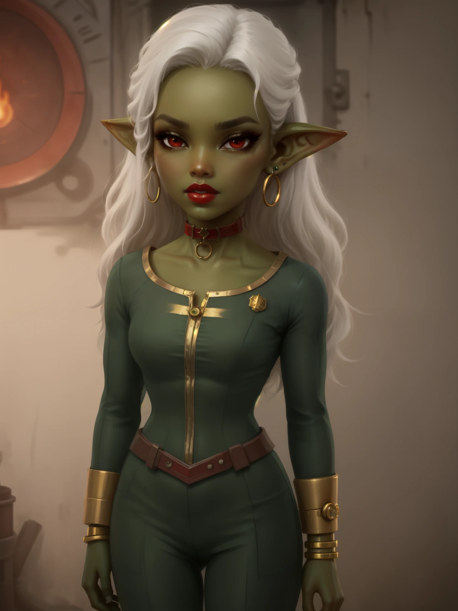 Goblin girl. red eyes. dark green skin. very short hairstyle. white hair. dark green skin. choker. small stature. red lips. earrings. gold bracelets. fallout vault suit
