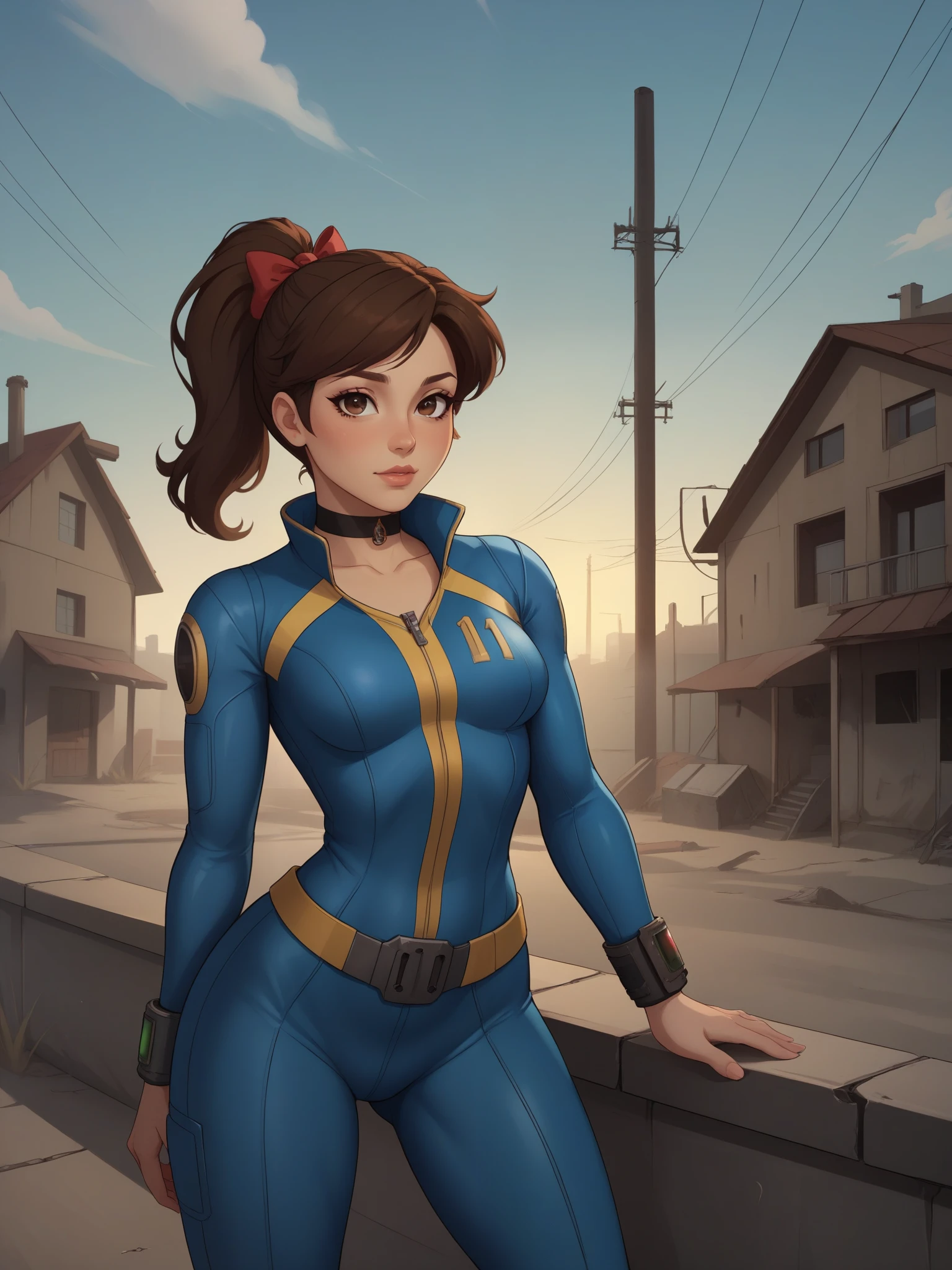 Princess Marco. brown eyes, brown hair, ponytail. small breasts. choker. bow. fallout vault suit