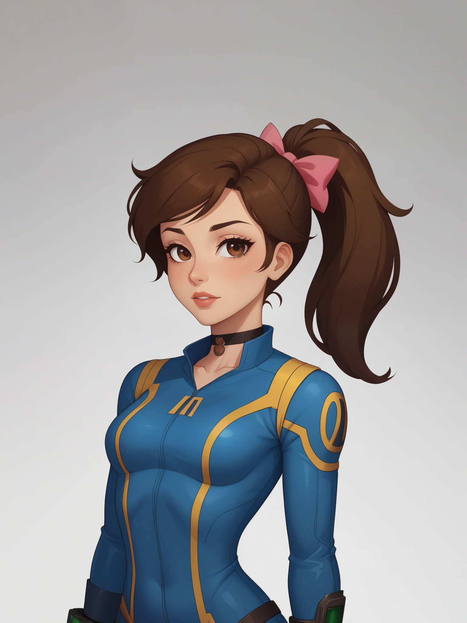 Princess Marco. brown eyes, brown hair, ponytail. small breasts. choker. bow. fallout vault suit