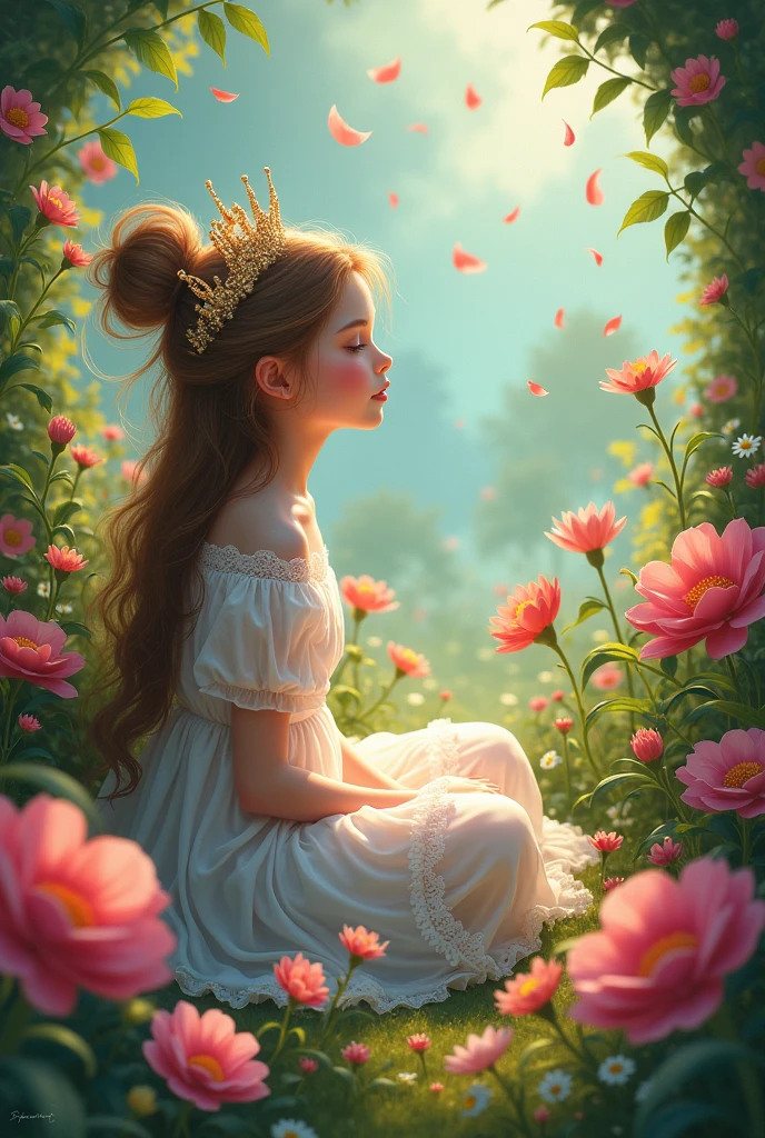 Princess Ana became known as the friend of flowers.. One day, and her garden flourished like never before.. Once upon a time, there was a littleess named Ana who lived in a castle made of flowers., Ana cared for it with water and love.
Since then, The flower became the most beautiful in the garden., She found a sad flower that couldn't open its petals.. END.