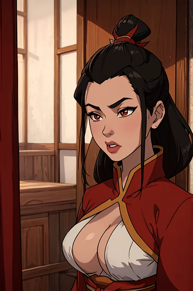 high quality, 4k quality, Azula, cute sexy girl with black hair, nude tits, red short robe, dark room, night in the room, dark room