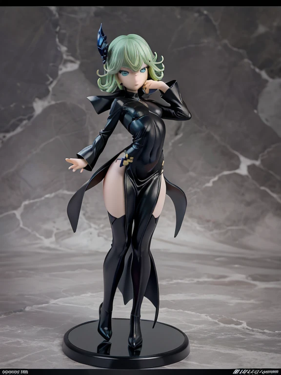 masterpiece, best quality, ultra-detailed, illustration, epic lighting, cinematic composition, 1girl, tatsumaki, very small breasts, black dress, pelvic curtain, long sleeves, green eyes, glowing eyes, crossed arms, pouting, closed mouth, piercing gaze,standing, legs apart, from below, looking at viewer, blue sky, (8k:1.1)
