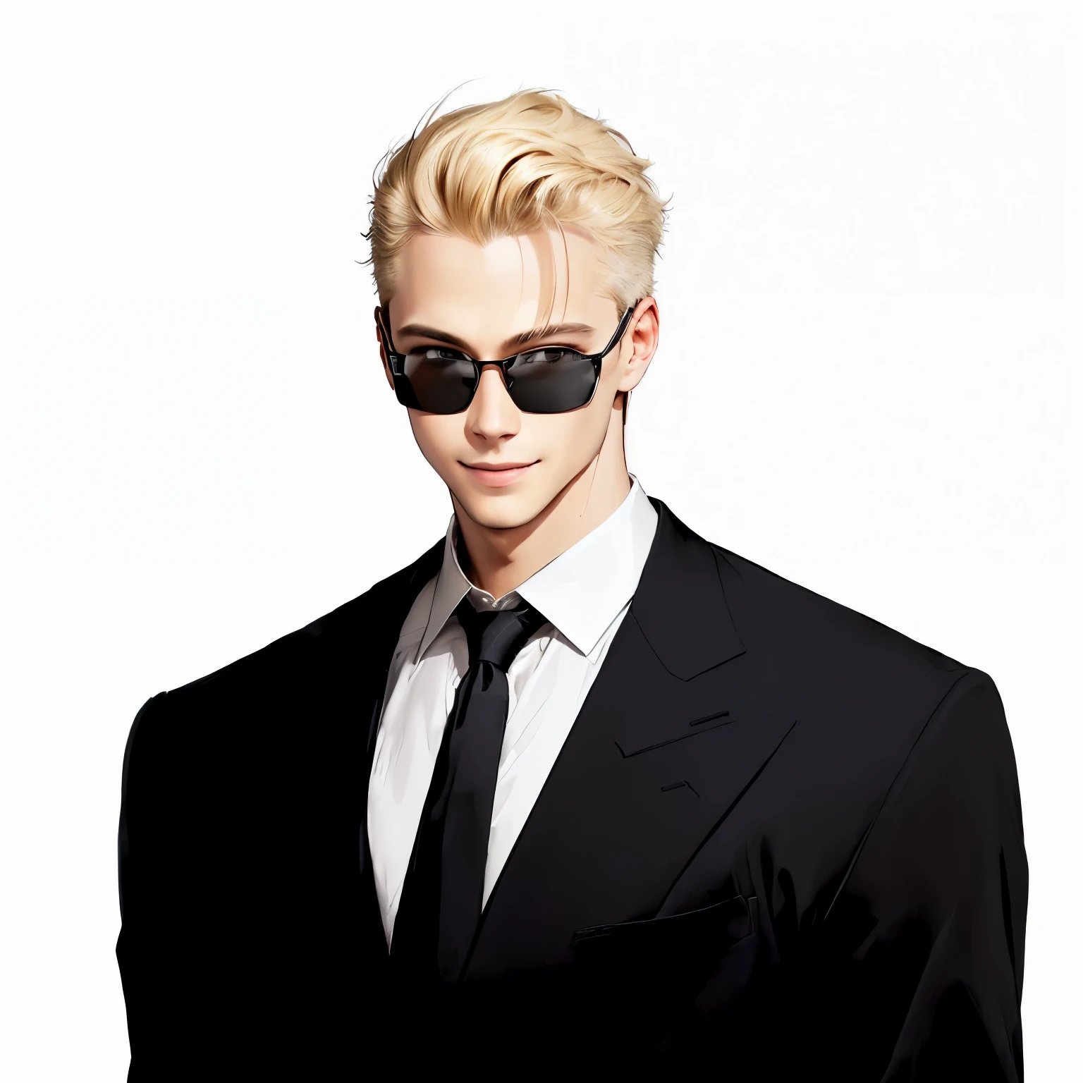 smiling, short blonde hair, black suit, white dress shirt, black tie, standing pose, front view, neutral background, professional and formal atmosphere, even lighting, well-balanced exposure
