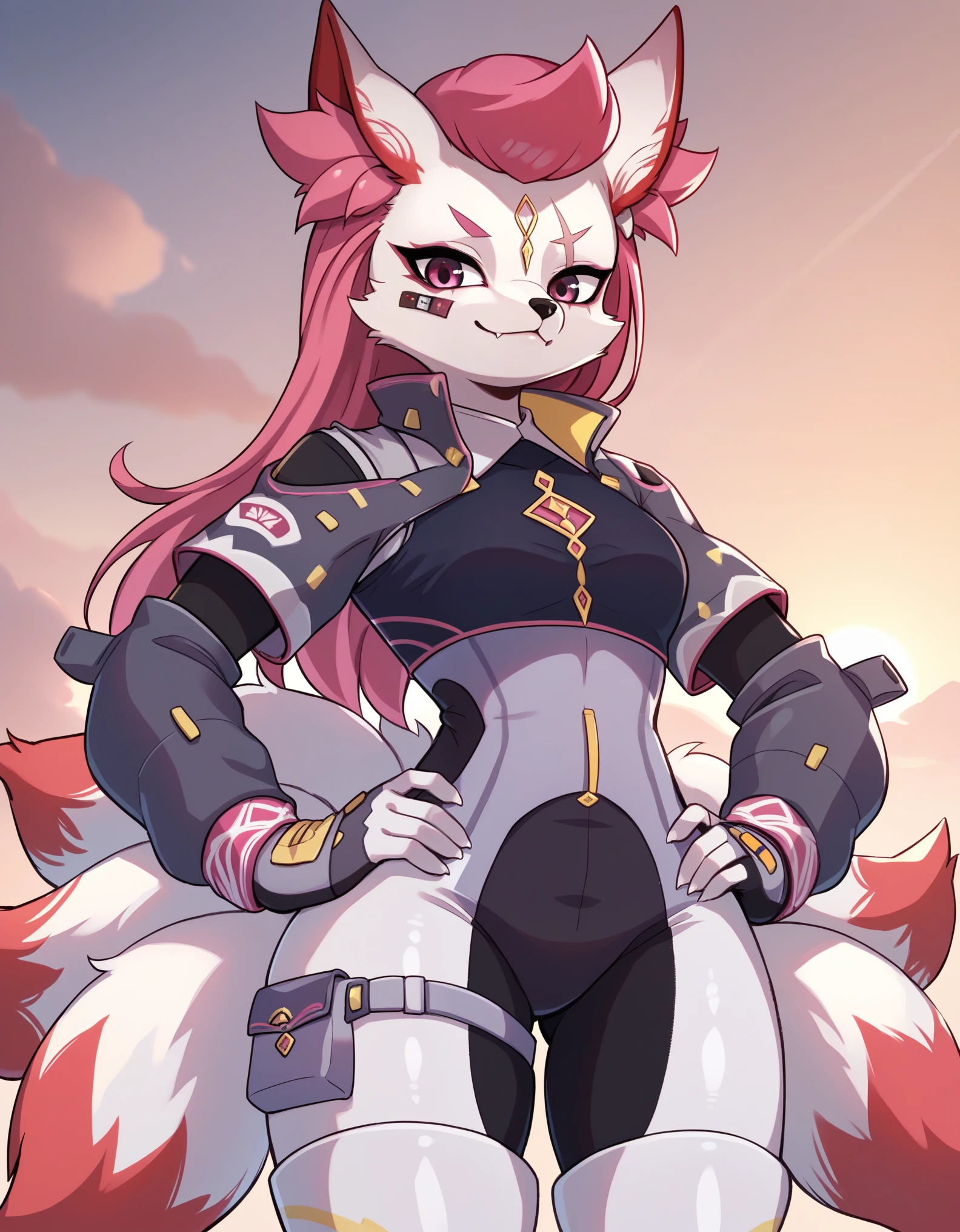 Score_9, score_8_up, score_7_up, solo, kemono style,Anthro, Anthro furry fox girl, 1girl, Kimikoxl, anthro, fox girl, white fur, pink hair, animal ears, animal nose, pink eyes, face markings, eye scar, bandaid on face, multiple tails, 5 tails, standing, armored, collared jacket, bodysuit, white thighboots, thigh pouch, hands on hips, smirking, outdoors