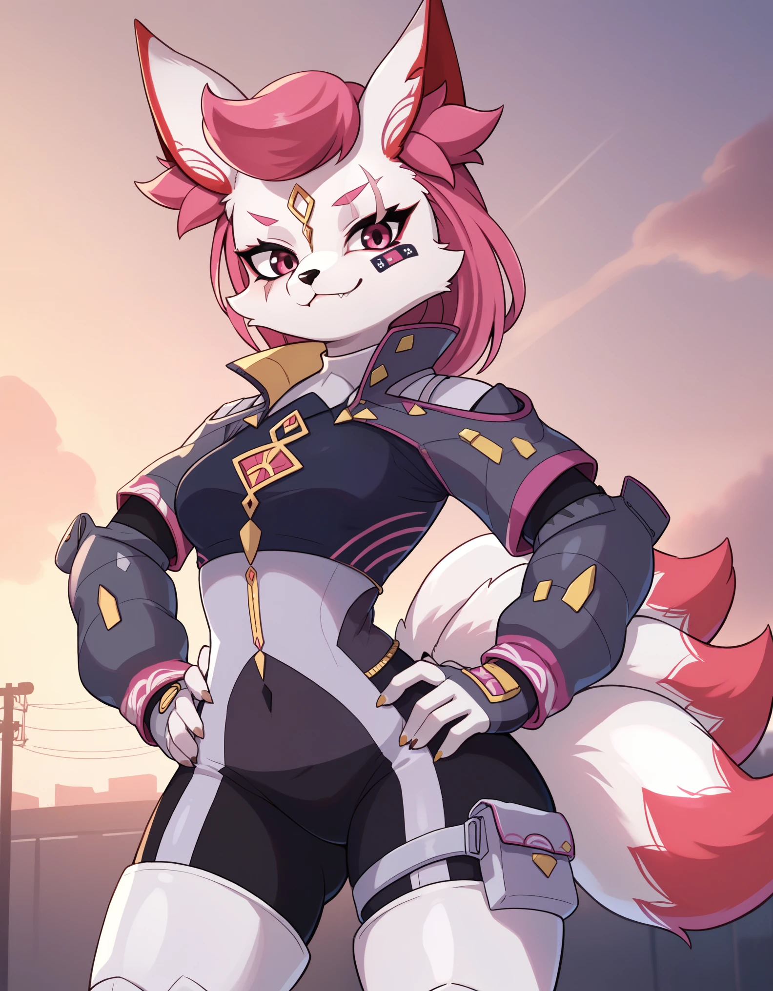 Score_9, score_8_up, score_7_up, solo, kemono style,Anthro, Anthro furry fox girl, 1girl, Kimikoxl, anthro, fox girl, white fur, pink hair, animal ears, animal nose, pink eyes, face markings, eye scar, bandaid on face, multiple tails, 5 tails, standing, armored, collared jacket, bodysuit, white thighboots, thigh pouch, hands on hips, smirking, outdoors