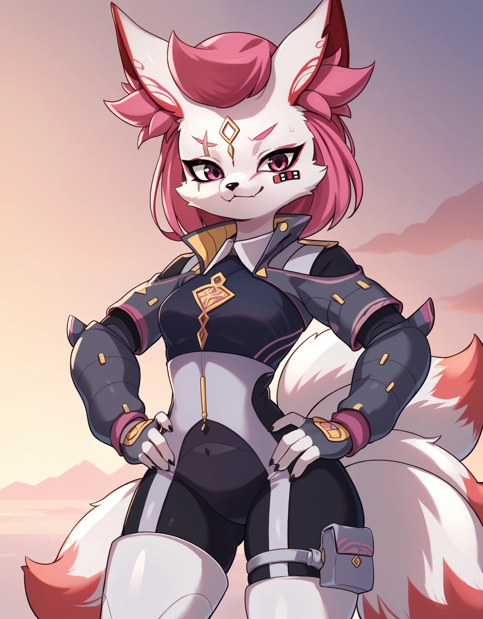 Score_9, score_8_up, score_7_up, solo, kemono style,Anthro, Anthro furry fox girl, 1girl, Kimikoxl, anthro, fox girl, white fur, pink hair, animal ears, animal nose, pink eyes, face markings, eye scar, bandaid on face, multiple tails, 5 tails, standing, armored, collared jacket, bodysuit, white thighboots, thigh pouch, hands on hips, smirking, outdoors