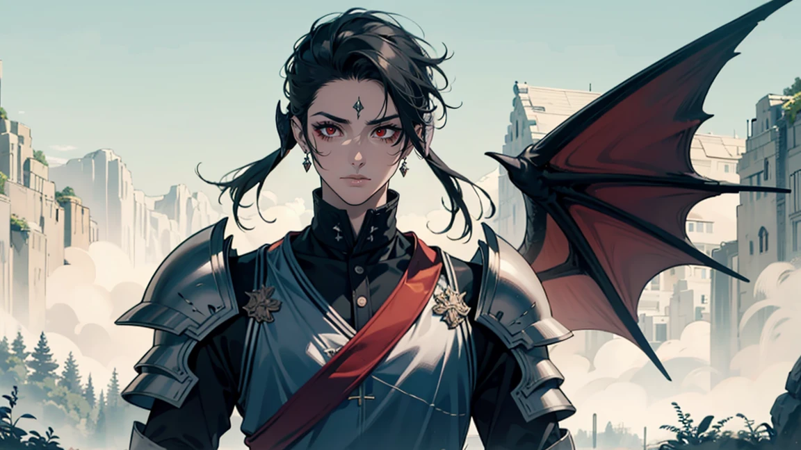 man, looking at camera tall, dragon man, black horns, black scales, slick back hair, black hair, dragon tail, black, wings, armor, red eyes au ra, sclaes, black, music, landscape, magic
