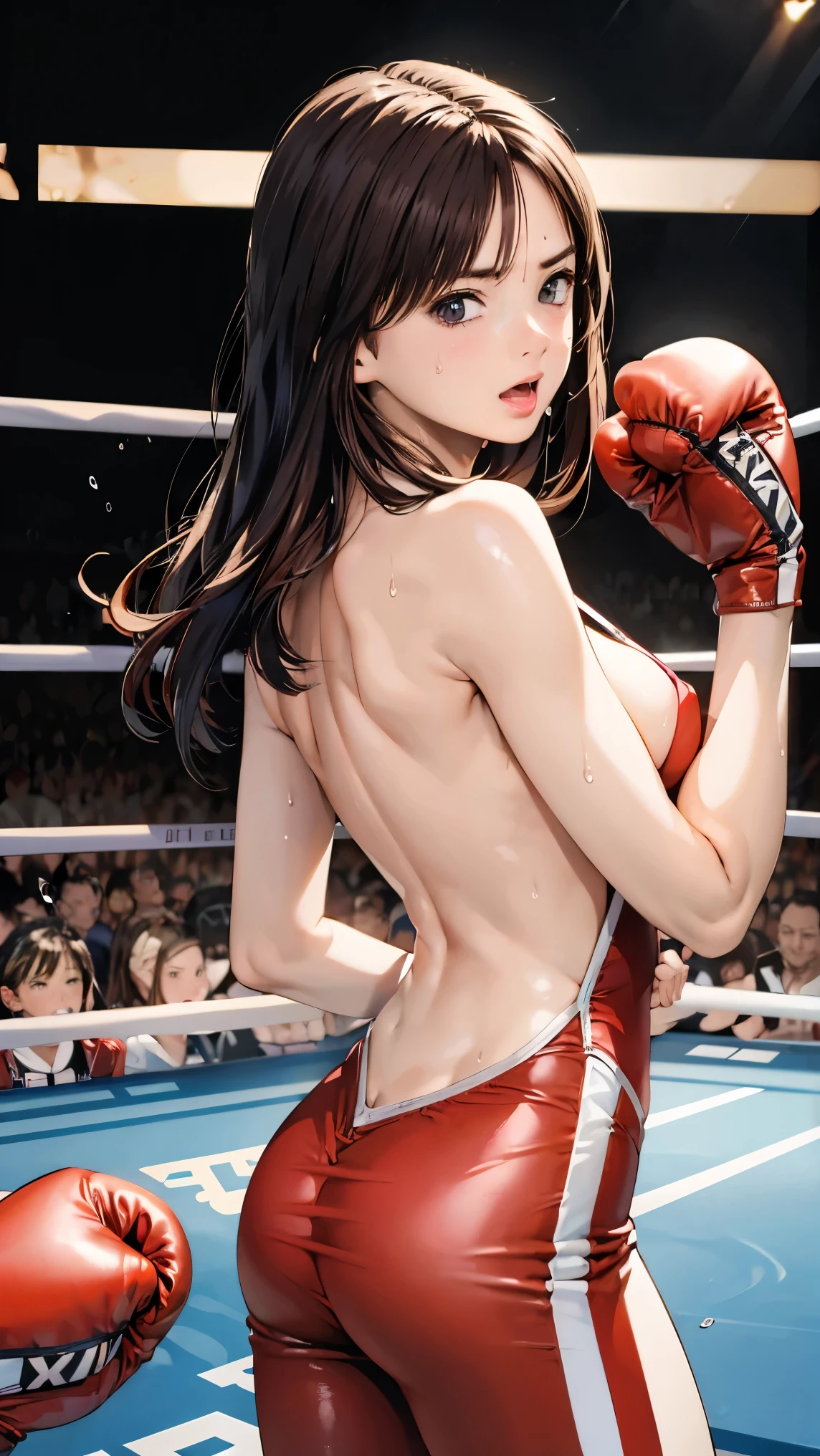  (men and women) ,expensive,170cm、  (Boxing Ring、Spotlight、Many people々々、Stadium), 、Big Breasts、blush、(Open your mouth wide and scream、resist)、Long Hair、They hesitate、anger、nude,Sweaty body、Wet Hair,  Underarm, Big Breasts,Realistic nipples, Realistic butt crack, Long Hair , (expensive色彩彩度:1.0),  (Very detailed肌), (Highest quality:1.0), (Ultra-high resolution:1.0) ,(Realistic:1.0), (Very detailed:1.0), (8k, RAW Photos:1.1)、(Touching your own with your hands)、(A man is touching her breasts from behind)、(Back Sex)、Squirting、Center of chest、Spread your legs、(good)、Standing、boxing costume