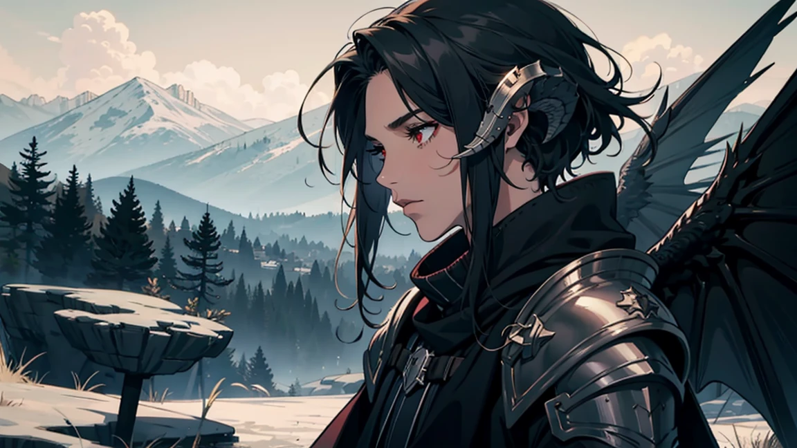 man, looking at camera tall, dragon man, black horns, black scales, slick back hair, black hair, dragon tail, black, wings, armor, red eyes au ra, sclaes, black, music, landscape, magic
