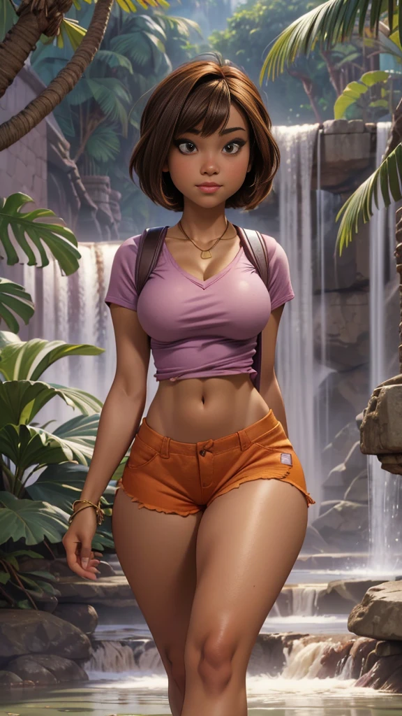 (masterpiece), best quality, expressive eyes, perfect face, (Maya Ruins deep in jungle with waterfall background), (walking), (smirk), (1girl, Jenna Ortega face, Latina, dark skin, tanned skin, brown hair, short hair with bangs, bob hairstyle, brown eyes, hourglass figure, skinny body, large breasts, huge breasts, oppai, wide hips, thick thighs), ((loose fit v-neck pink shirt), croptop, short sleeve, (torn orange shorts), (purple backpack on back with sholder straps), gold bracelet), bmb-fc, Anatomically Correct, a perfect body sexy beautiful girl with firm good breast and firm good butt (thick thighs:1.2)(Large breast:1.2)(huge ass:1.2)
