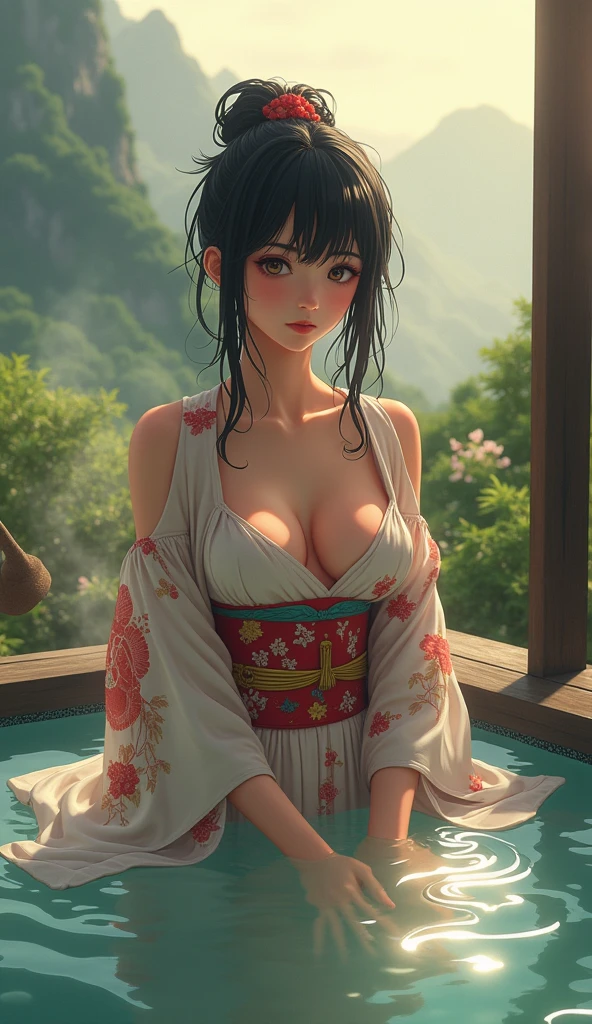 there is woman that is in onsen,(((A MILF: 1.4))), (Curvy:1.35),(((Dark skin))),Curvy physique,, Thick body，((big nipple)),((Completely naked)), (((rubbing breasts under yukata))),((Transparent yukata)),(open legs),((pubic hair)), high-end onsen, Onsen, sakimichan, model in Japan，((Sexual suggestiveness)),