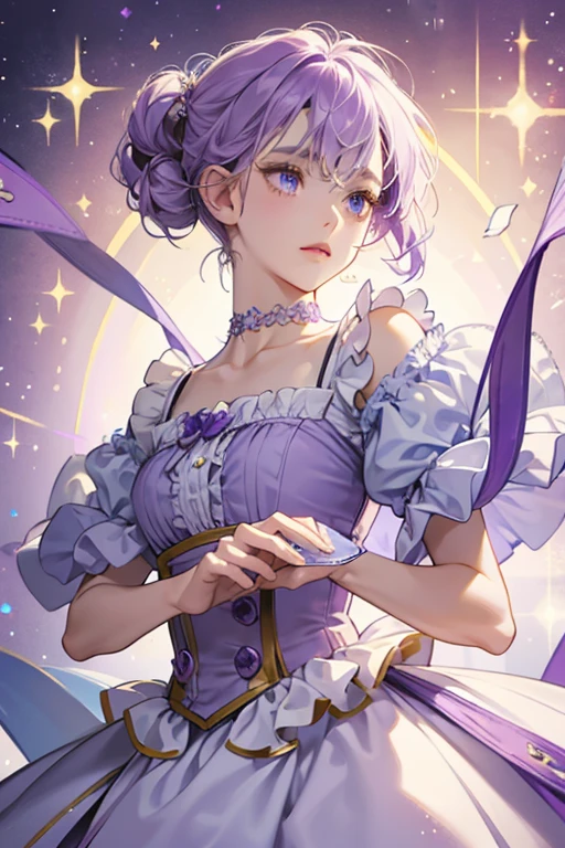 Sumire is a Fairilu. She has white skin, purple eyes, pink cheeks, and pointy ears. Her fairy wings are colored violet. Her hair is violet colored and short with right-swept bangs. For apparel, she wears a light blue fairy hat with a purple flower attached to it. She wears a light purple fairy dress with a green neck collar and white trim on the skirtline. She wears dark purple pantaloons with green stockings and purple fairy shoes. She also has purple heart earrings on her ears and a pearl bracelet on her left wrist. SPARKLE; GLITTER