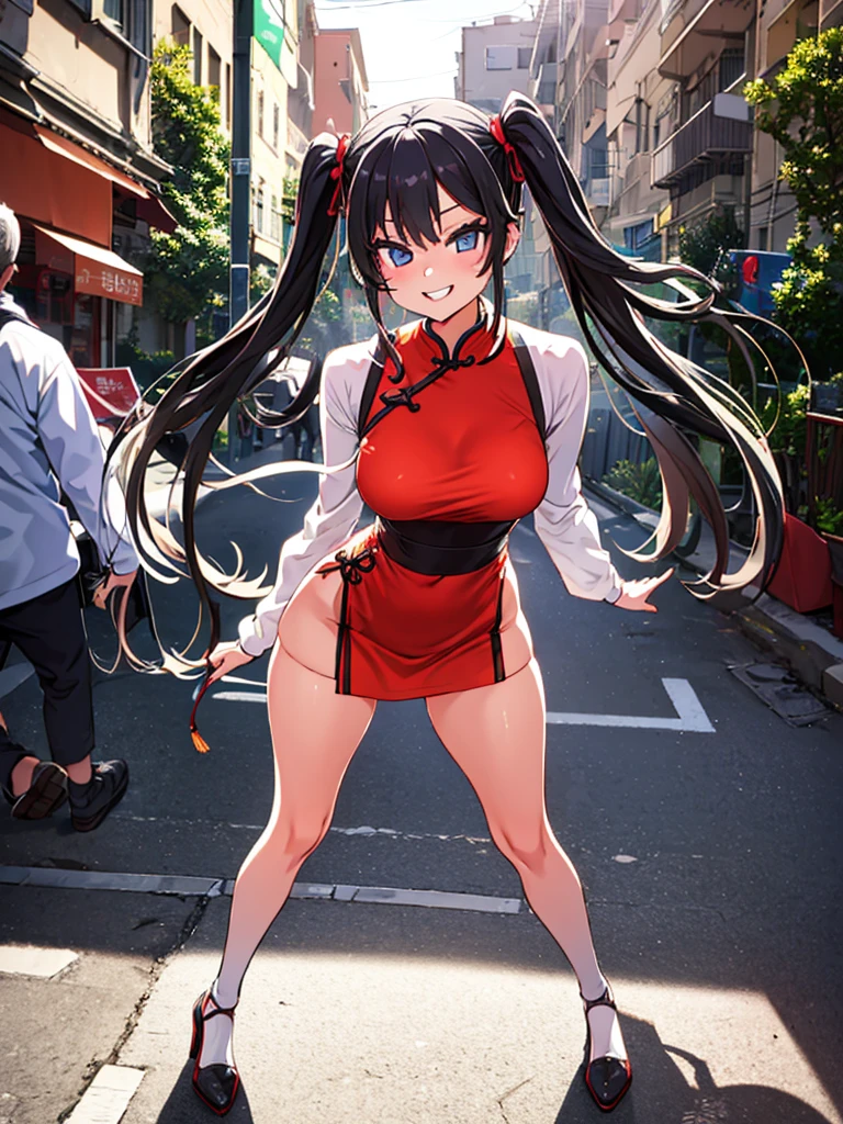 One Girl　from the front　smile　　Open your mouth　　　Twin tails　 Qipao　High leg 　open stance