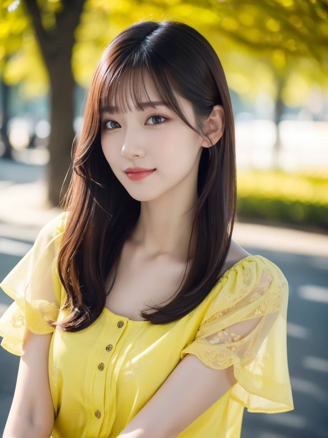 1 girl,(Wearing a yellow short-sleeved blouse:1.2),(RAW Photos, highest quality), (Realistic, Realistic:1.4), Tabletop, Very delicate and beautiful, Very detailed, 2k wallpaper, wonderful, In detail, Very detailed CG Unity 8K wallpaper, Very detailed, High resolution, Soft Light, Beautiful detailed girl, Very detailed目と顔, Beautiful and sophisticated nose, Beautiful and beautiful eyes, Dark pink lipstick, Cinema Lighting, Spring Green Park, Perfect Anatomy, Slender body, smile, Long Straight Hair, (Randomly oriented bodies), face looking at the camera, 3,