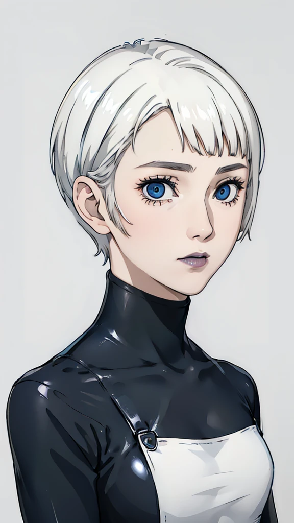 1 girl, very Short hair, tomboy Pixie haircut, white hair, blue eyes, black lipstick, face portrait, 
black turtleneck latex suit  , front face, white background, front face, face portrait, bangs,