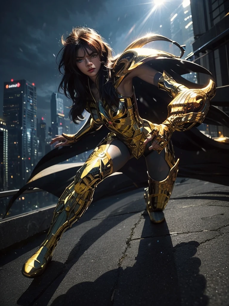 beautiful girl, bust, Bright red messy short hair, black eye shadow, shiny armor, full body pose, (city background:1.2), fighting pose, dark makeup, The art of math, Popular topics on Artstation, highly detailed, fine details, complex,  beautiful detailed glow, detailed, Light, high resolution, detailed facial features,sharp focus, Light slippery, aesthetic,