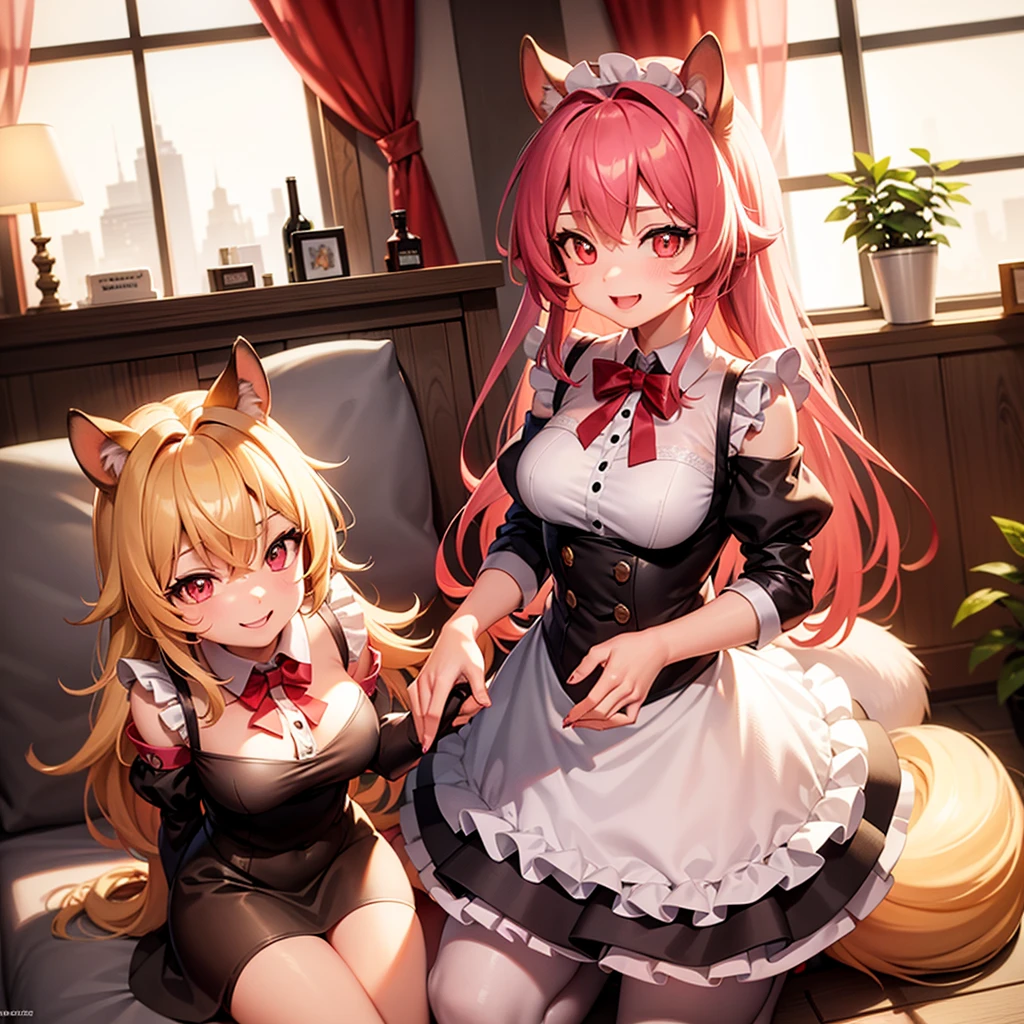 8K, best quality, best resolution, 1girl, squirrel ears, curtains, squirrel girl,big squirrel tail, squirrel female, indoors, living room, long hair, yellow hair, red eyes, growing eyes, maid dress, maid headdress, red eyes, see-through, solo, smile, transparent, furry, squirrel anthro ,kawaii, cute, pink tail, pink fur, cute breasts,