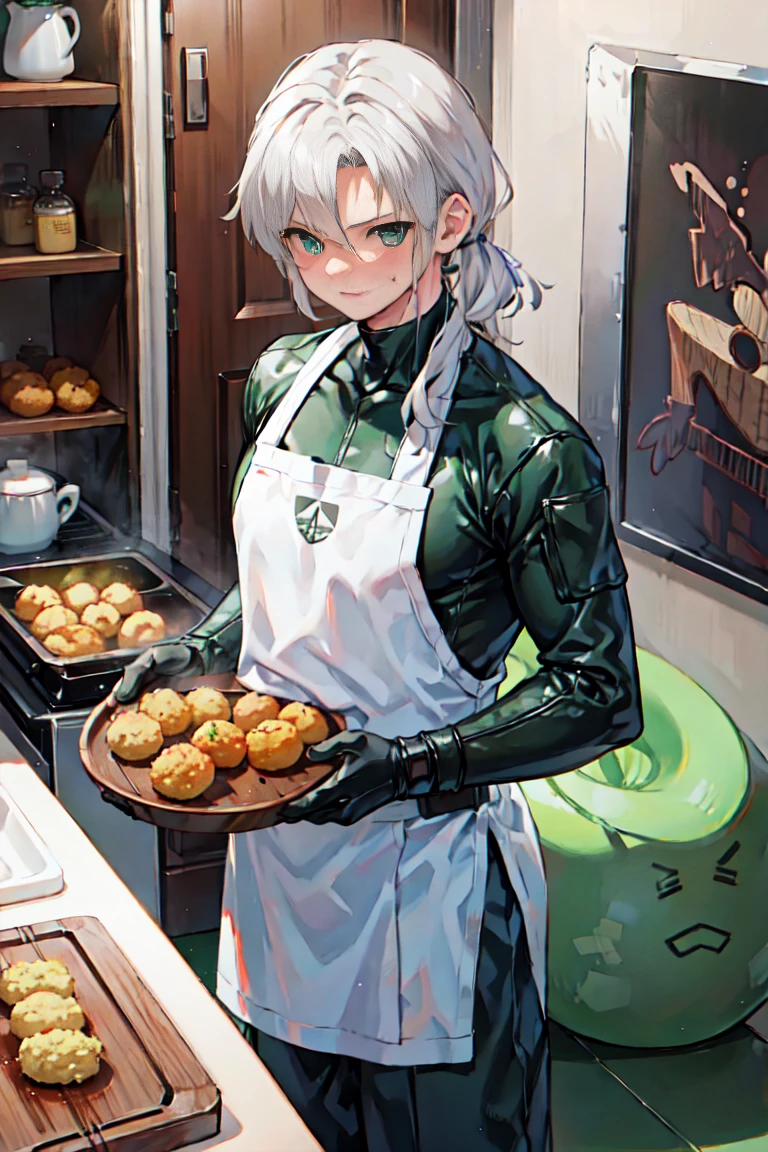 Snake from Metal Gear Solid standing in the kitchen(),Handsome,Shota, Combat uniform,The task of frying croquettes, spy, Kitchen, Sweat