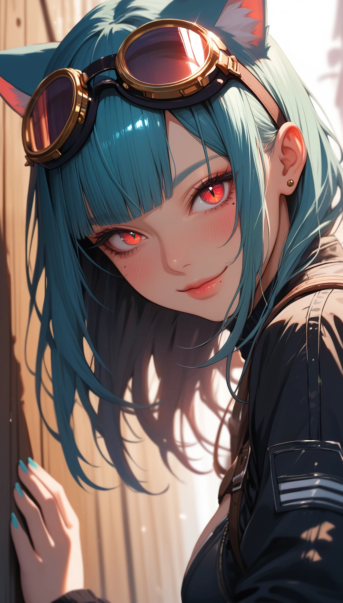 score_9, score_8_up, score_7_up, score_6_up, dark theme，sinozick style，
tanixya original 1girl animal_ears aqua_hair backlighting bangs blunt_bangs blurry blurry_background blush cat_ears closed_mouth cracked_wall depth_of_field fingernails goggles goggles_on_head head_tilt long_hair looking_at_viewer mole mole_under_eye peeking_out portrait red_eyes short_eyebrows sideways simple_background slit_pupils smile solo wall wide-eyed