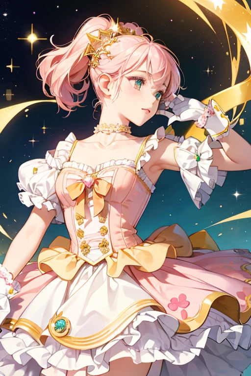 Cute girl, short curly yellow hair, small crown, earrings with crystals, big lips, pink dress, big breasts, pink belt, short skirt