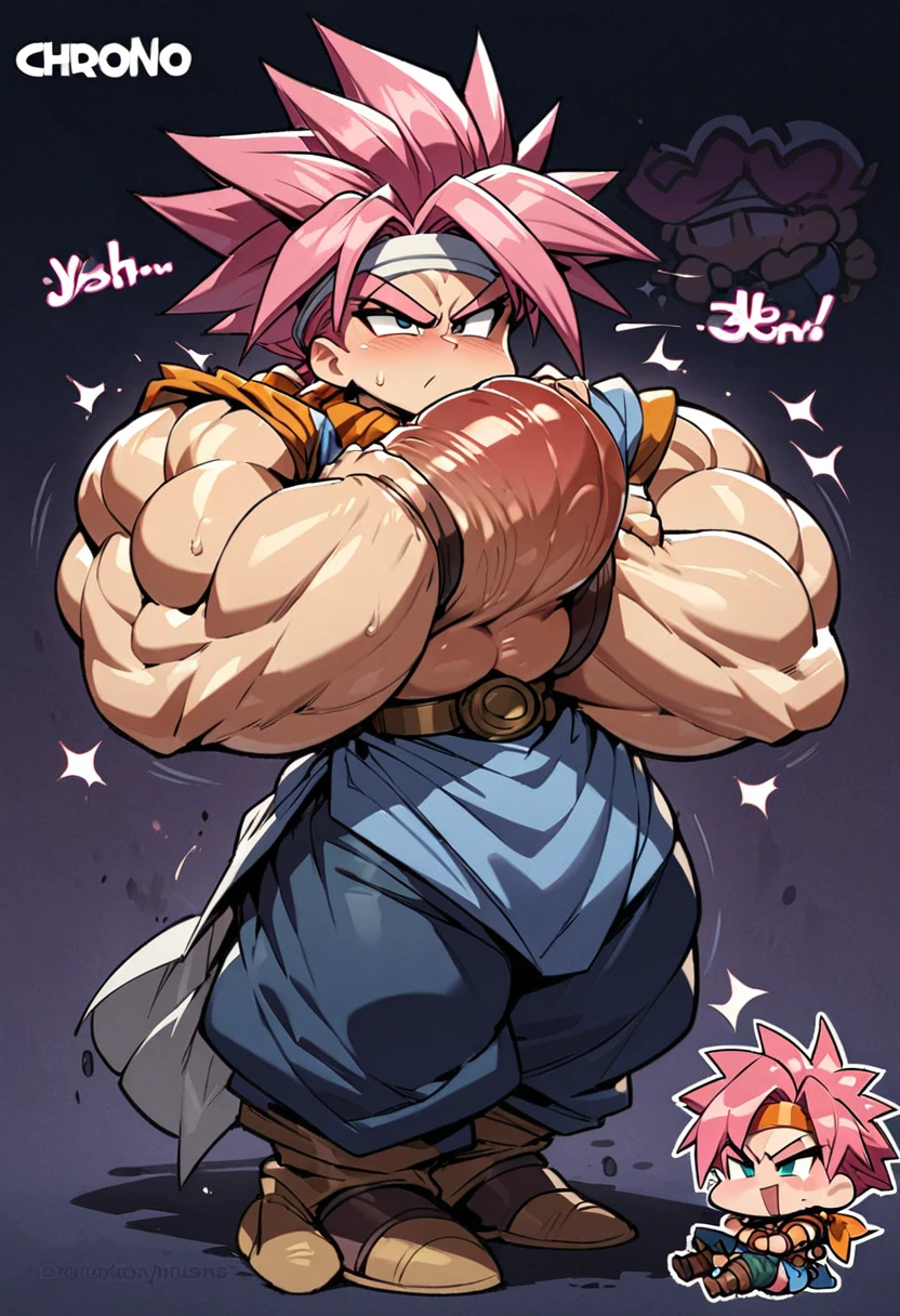 Highest quality,Huge muscles,Very huge erect penis,Full Color,Massive ,Confident expression,crono from chrono trigger,Chibi,Pink Hair