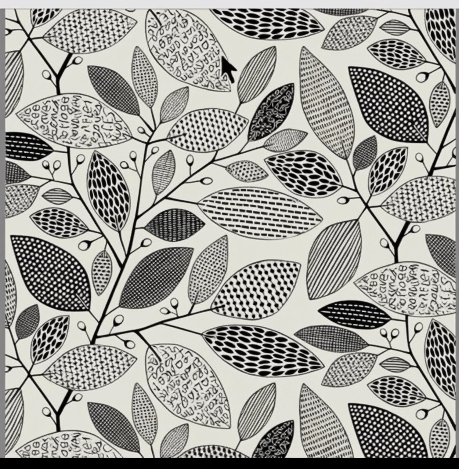 black and white, intricate leaf patterns, branches, varied leaf designs, handwritten text on some leaves, abstract, artistic, dense foliage, repeating motifs, monochromatic, detailed line work, hand-drawn style, organic shapes