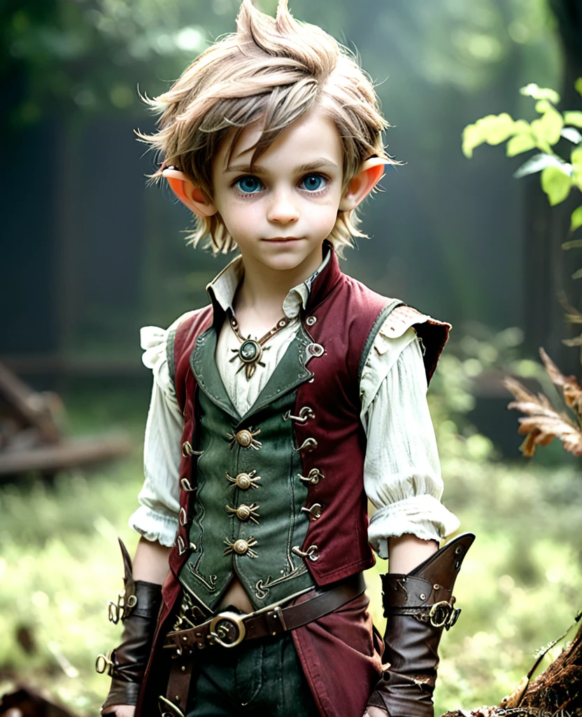 cute elf, teenage elf  with extremely cute eyes , elf , a high resolution , extremely detailed , masterpiece , looks like Aerith Gainsborough, Dramatic shadows, depth of field, Analog photo style, World, where steampunk and post-apocalyptic atmosphere collide , post apocalyptic cute boy in steampunk aesthetics, torn dirty clothes, depth of field, full body shot, without increase, perfect body , short hairstyle with side cut , stalking is a fairly common occurrence, although it is not the best way to make a living, stylized atmosphere of unreality, dark atmosphere, dynamic pose, On the move, Armageddon, Increase cinematic lighting, Very realistic skin texture, parted lips, Tired eyes, Perfect eyes, Bleached skin, random hair color,