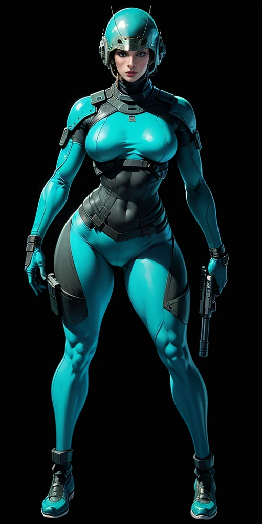 Masterpiece, High quality, ((character concept art)), ((character design sheet, same character)) a futuristic-looking female military commander, wearing a ((kevlar helmet)) and is dressed in ((turquoise suit)), holding weapon, holding gun, wearing epTactical, XCOM game inspired, XCOM character, ((wide hips)) tall, video game character design, accessories, Expert high detail concept art, comic book style, intricate comic book outline line work, flat colors, concept art, solid background