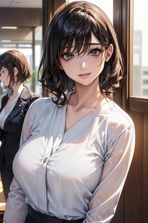 ((trio, woman３people)), (Businesswoman, スーツ姿のセクシーなwoman3people:1.8), Sexy smile, ((Short Curly Hair, Bob Hair, Straight Long, Different hair colors)), (Office scenery), Commemorative photo