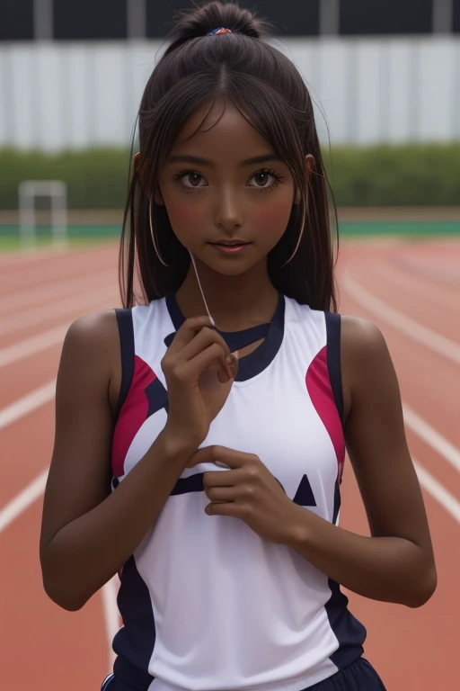 (((( one girl )))), Put your hand over your mouth、Beautiful breasts、 Brown eyes, ((Gal Hairstyles)) blonde, girl, (Eye and facial details:1.0), break, (masterpiece, Highest quality, Very detailed, Detailed face, 8k),( dark skin:1.8 ), (((( track and field uniform )))),( open mouth ),(((( 9歳 ))))