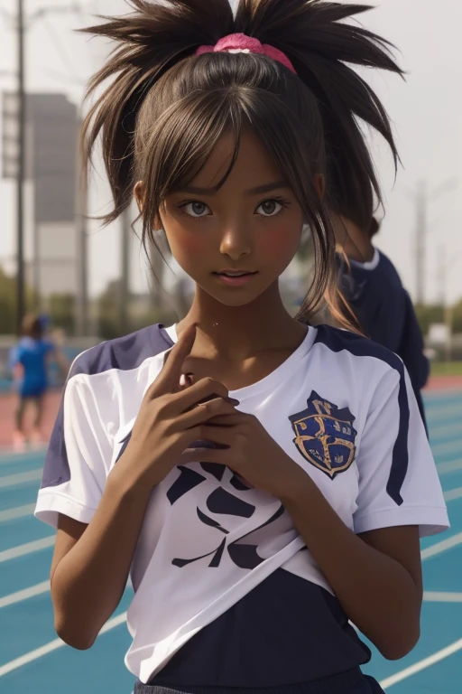 (((( one girl )))), Put your hand over your mouth、Beautiful breasts、 Brown eyes, ((Gal Hairstyles)) blonde, girl, (Eye and facial details:1.0), break, (masterpiece, Highest quality, Very detailed, Detailed face, 8k),( dark skin:1.8 ), (((( track and field uniform )))),( open mouth ),(((( 9歳 ))))