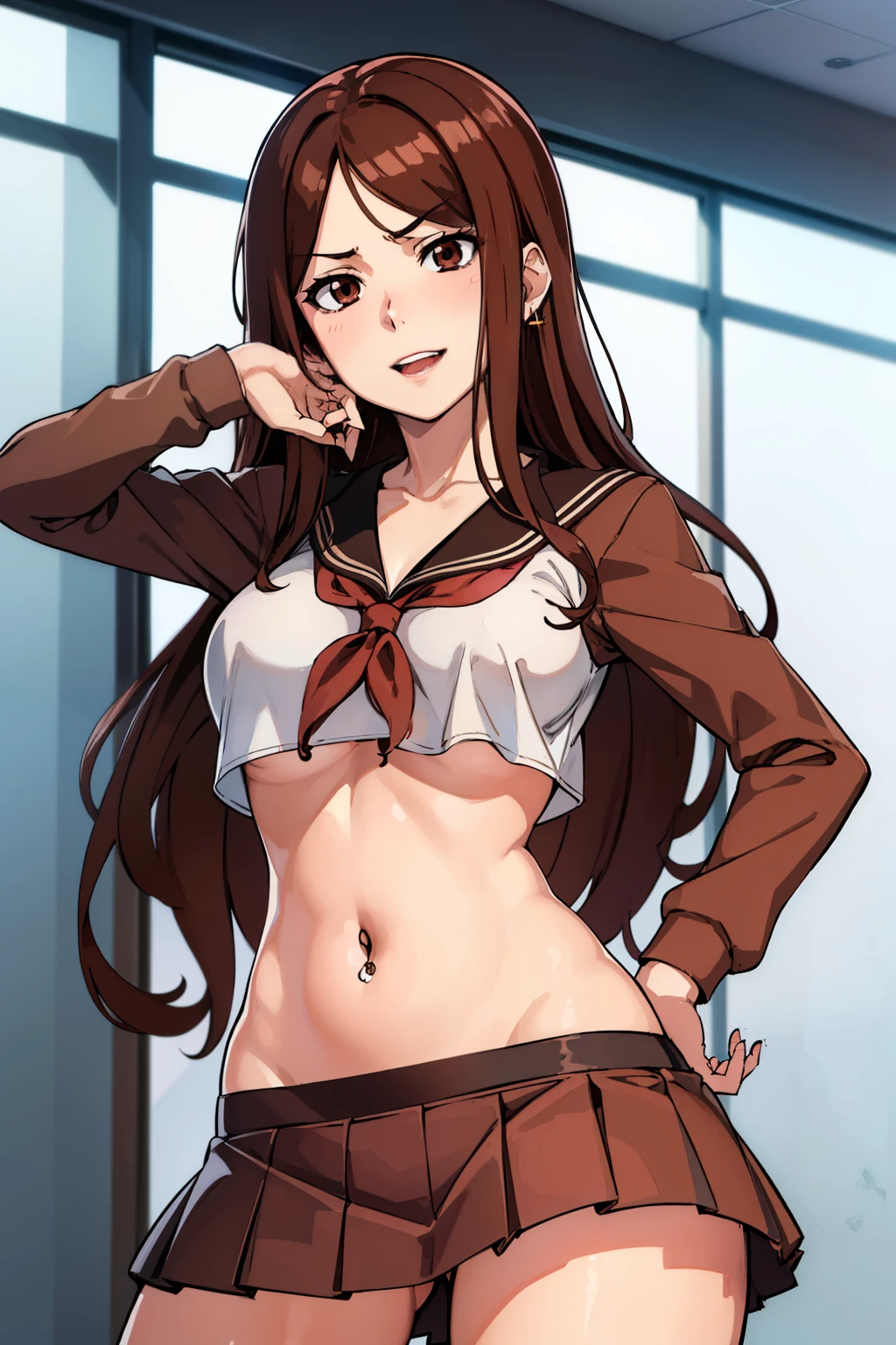 muginoshizuri, mugino shizuri, (brown eyes:1.7), brown hair, long hair, (swept bangs:1.5), large breasts,
 blush, lipstick, long hair, earrings, red lips, ear piercing, long hair, blush, lipstick,Hot girl, baddie,
smoking, sensual, attractive ,masterpiece, best quality, highly detailed, a anime girls in sailor uniforms with a gun posing for a picture,
evil smile, smile, open mouth,black_serafuku, ecchi anime style, anime girls , (nsfw) not safe for work,
ecchi style, ecchi, shipgirls, digital anime art!!, high school girls, holding a gun, hold a gun, anime style 4
k, micro skirt, exposed belly, exposed navel, exposed midriff, holding pistol,underboob,
exposed lower belly,school, classroom, navel piercing