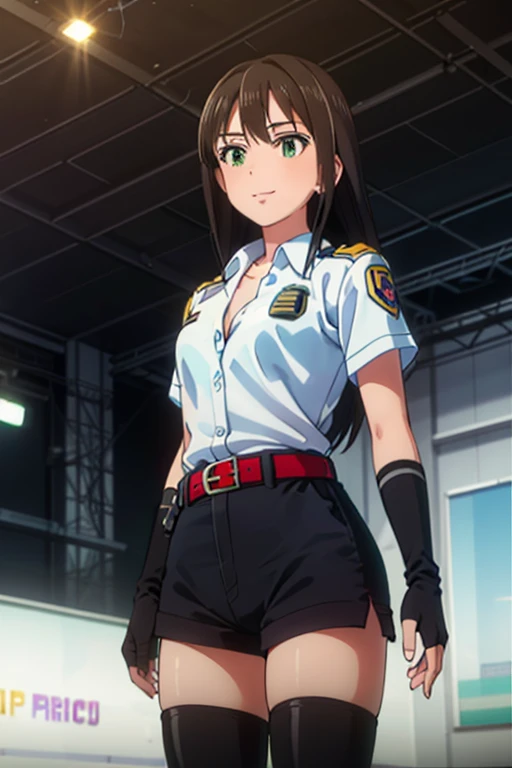 (((Pixel Perfect, Perfect in every detail))), alone, 1 girl, Looking at the audience, smile, Upper Body、黒いpoliceのピークキャップ, police, Cleavage, abdomen, White shirt, Front tie top, Green Eyes, Long Hair,Showing off your crotch，Looking up from below， black high waist shorts, (Red Belt:1.2), Black fingerless gloves, Black boots,