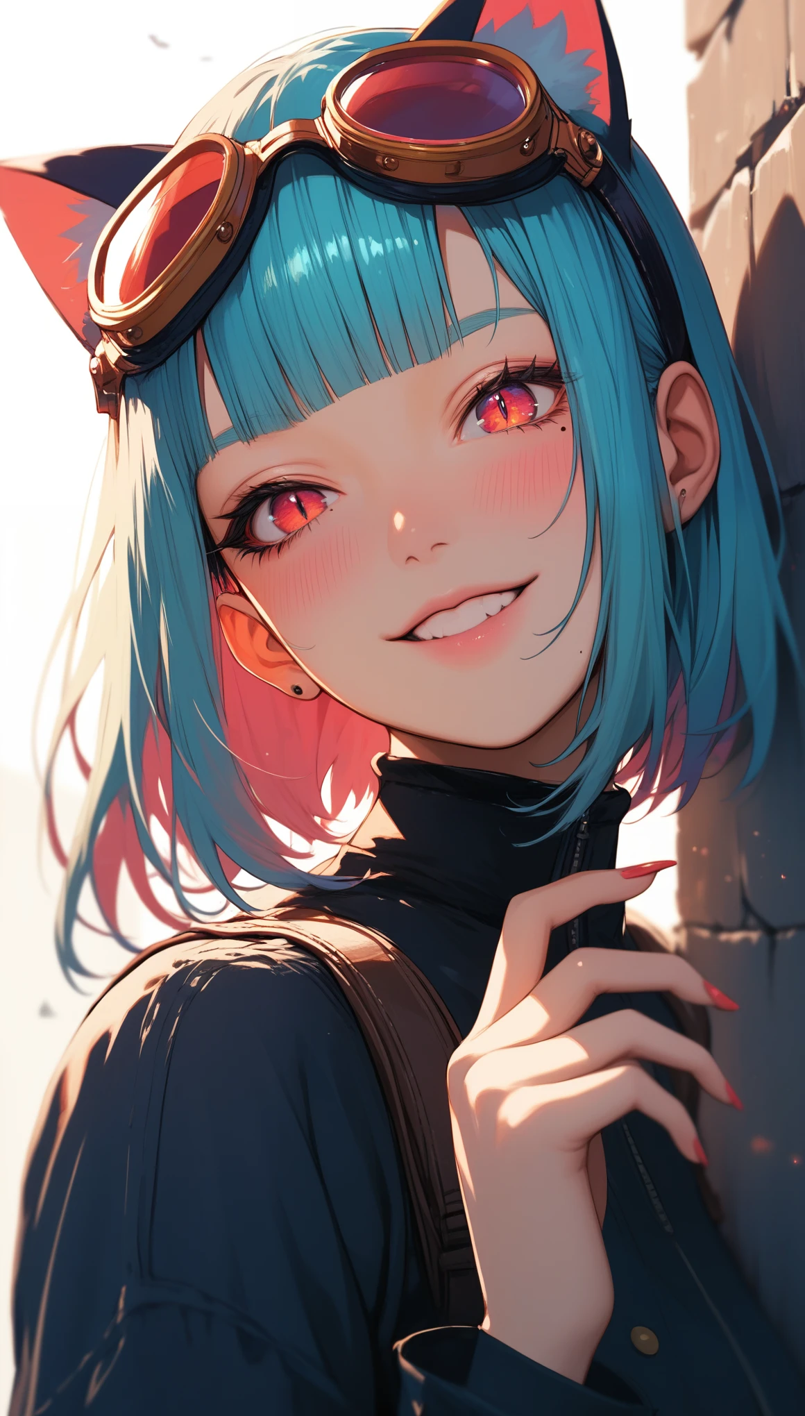 score_9, score_8_up, score_7_up, score_6_up, dark theme，sinozick style，
tanixya original 1girl animal_ears aqua_hair backlighting bangs blunt_bangs blurry blurry_background blush cat_ears closed_mouth cracked_wall depth_of_field fingernails goggles goggles_on_head head_tilt long_hair looking_at_viewer mole mole_under_eye peeking_out portrait red_eyes short_eyebrows sideways simple_background slit_pupils smile solo wall wide-eyed