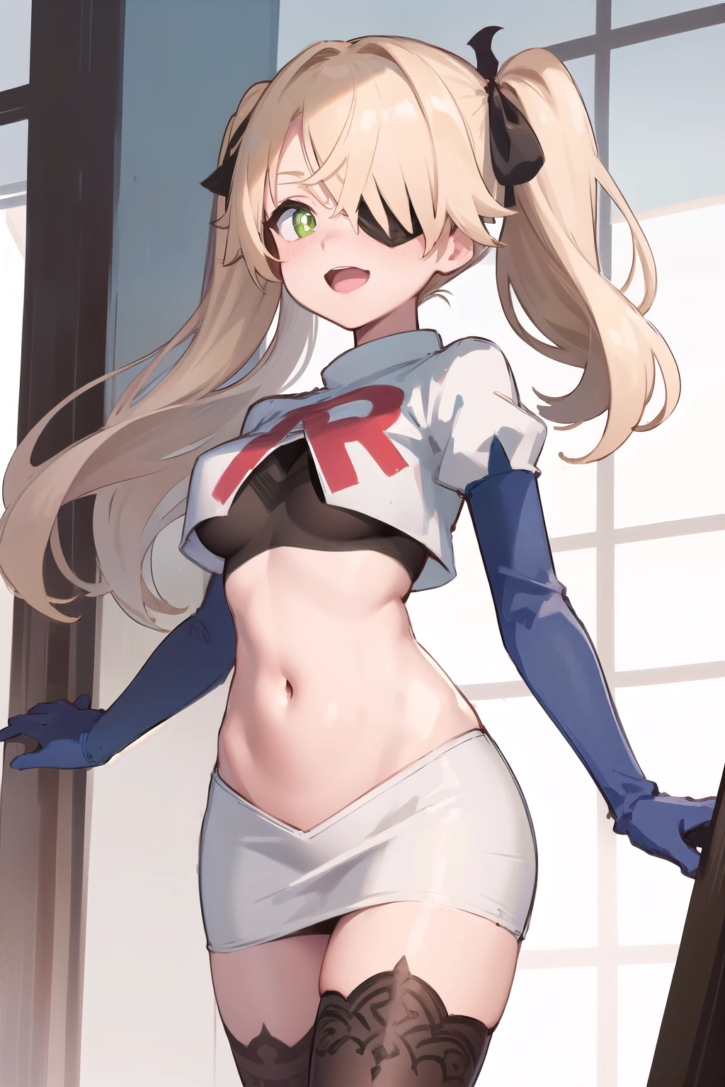 masterpiece, best quality, absurdres, fischl (dunkelnacht sakrament) (genshin impact), green eyes, (white pupils:1.1), fischl (genshin impact), 1girl, solo, breasts, two side up, eyepatch, blonde hair, long hair, looking at viewer, hair over one eye, medium breasts, bangs, hair ribbon, ribbon, cowboy shot, team rocket,team rocket uniform,white skirt,red letter R,crop top,black thigh-highs,black elbow gloves, laughing, happy, blush