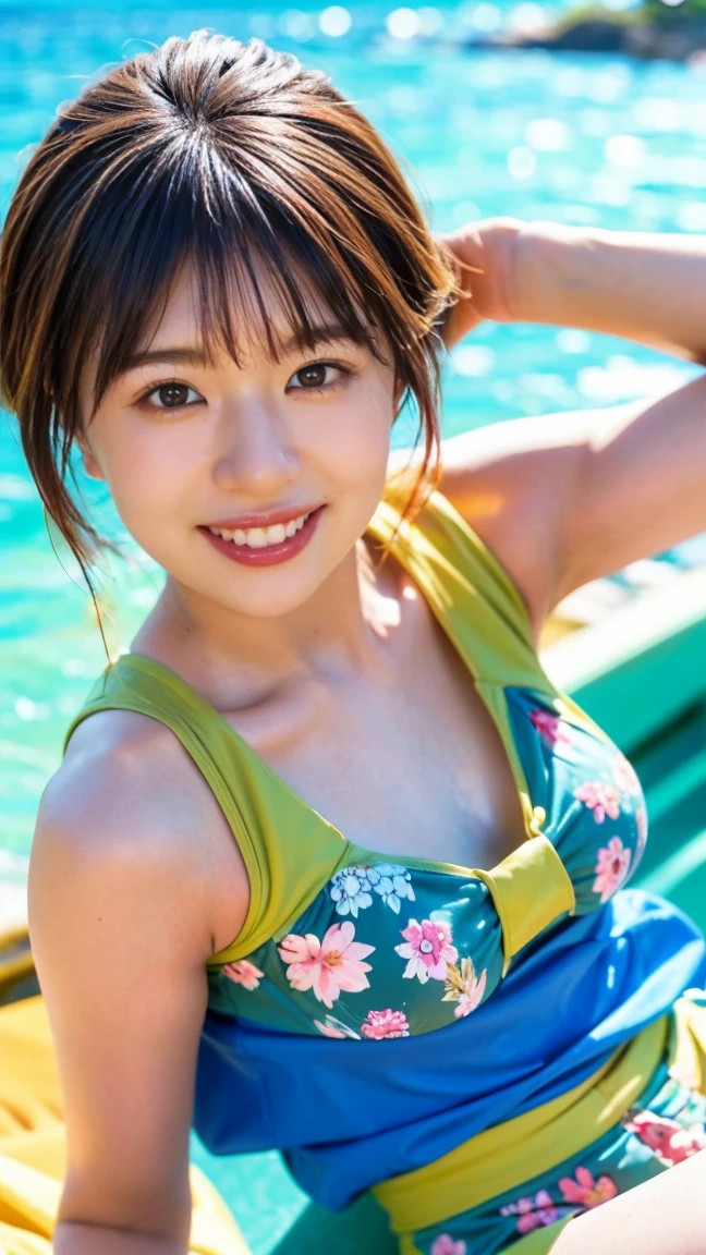 Ultra-detailed 8K photo of a Japanese idol with a playful pixie cut, enjoying the vibrant beaches of Rio de Janeiro. She’s wearing a bright, floral-patterned bandeau bikini, her pose is energetic and joyful as she plays beach volleyball, the Sugarloaf Mountain providing a stunning backdrop