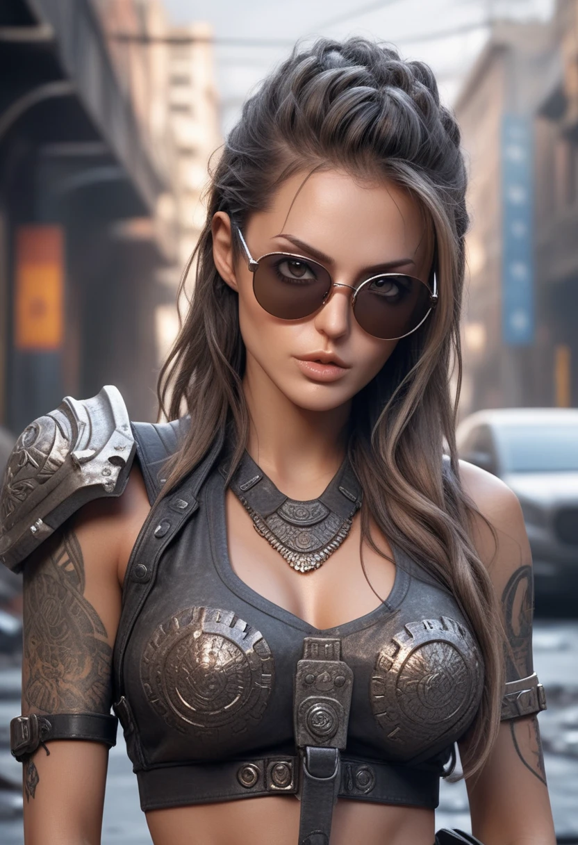 Mega fox, a hyper realistic ultra detailed photograph of a futuristic beautiful barbarian woman wearing sunglasses at a dystopian city, tattered outfit with rusty metal armor plates, long wild hair, tattooed hands and body, fashion pose, detailed symmetric beautiful hazel eyes, detailed gorgeous face, apocalyptic environment, exquisite detail, 30-megapixel, 4k, Canon EOS 5D Mark IV DSLR, 85mm lens, sharp focus, intricately detailed, long exposure time, f/8, ISO 100, shutter speed 1/125, diffuse back lighting, award winning photograph, facing camera, looking into camera, monovisions, perfect contrast, High sharpness, facial symmetry, depth of field, ultra-detailed photography, raytraced, global illumination, TanvirTamim, smooth, ultra high definition, 8k, unreal engine 5, ultra sharp focus, award-winning photograph, trending on artstation