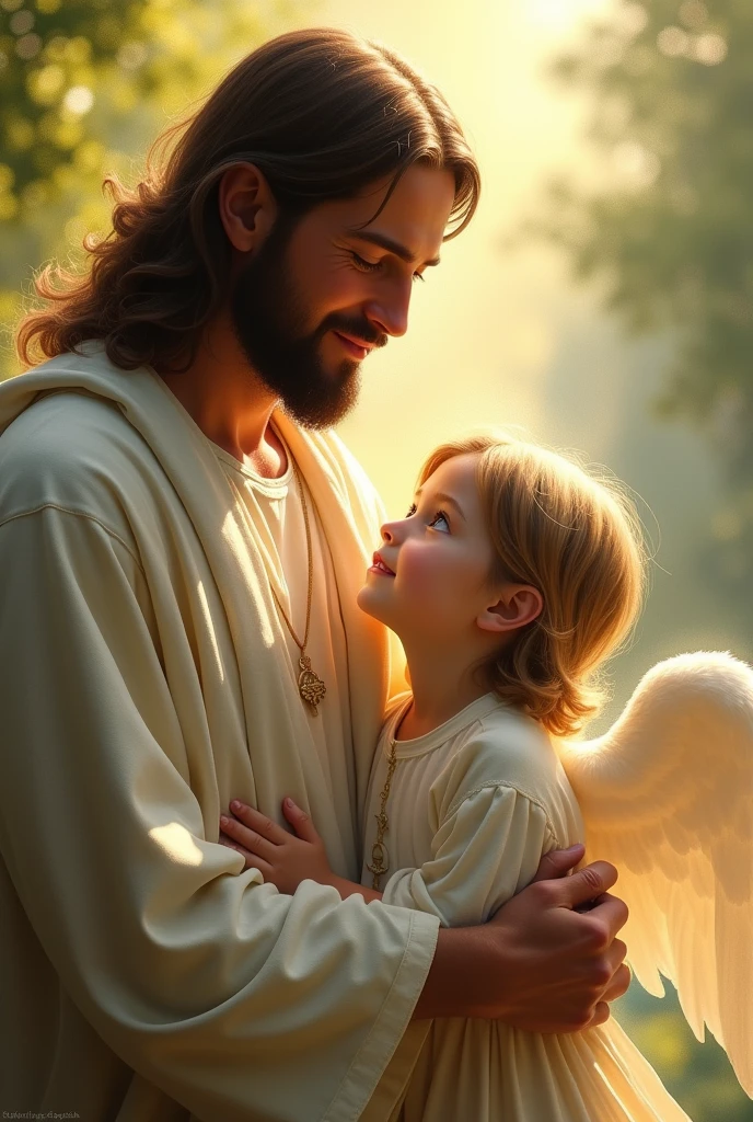 Create an image, JESUS CHRIST AND A CHILD (Female One) with angel wings, HOLDING JESUS' HAND, walking. Image Background, A WHITE PLANE.
