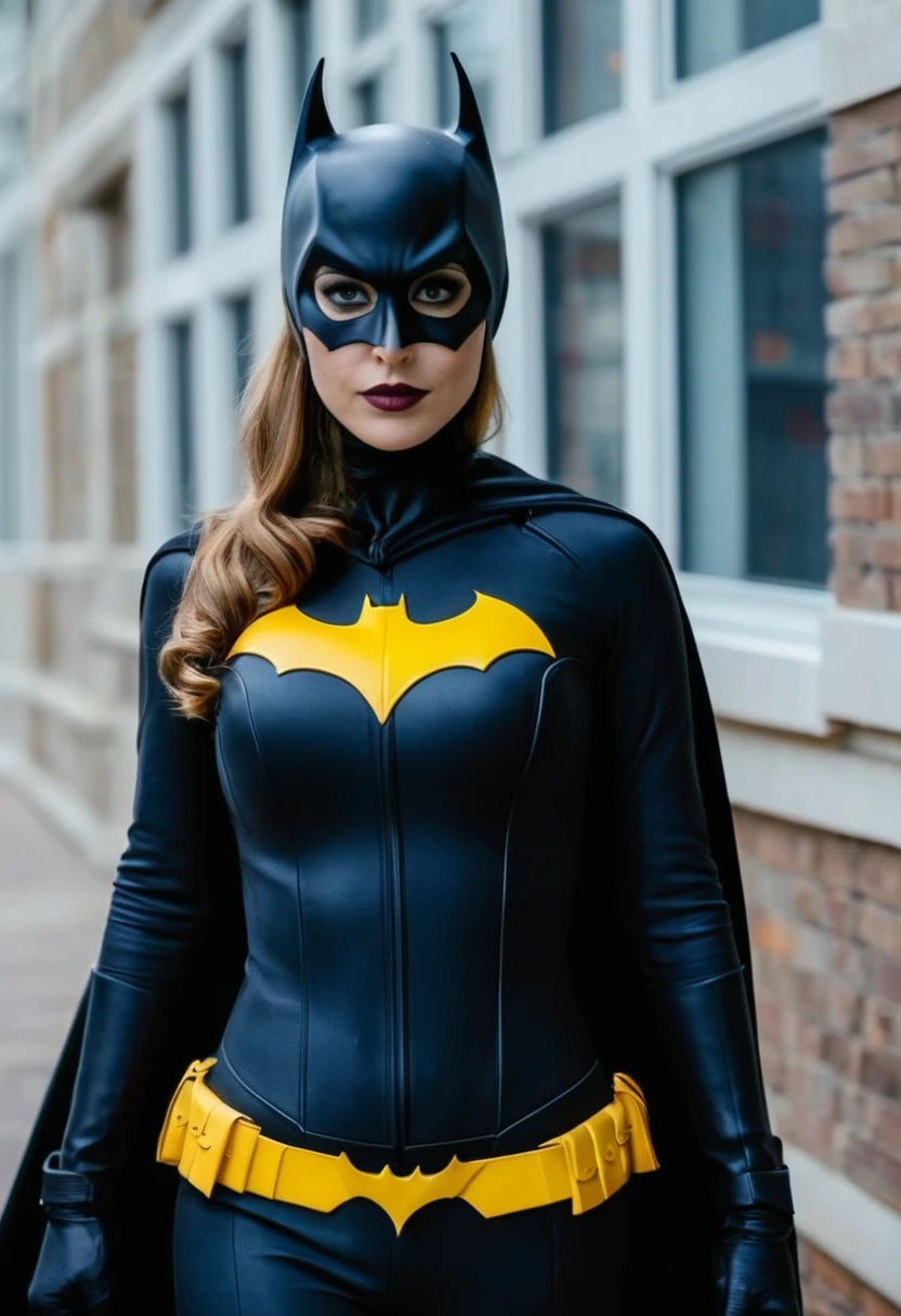 (Cinematic Film stock footage style) in (arri alexa style) (Kodak film print style),
 Batgirl a woman in a Batgirl costume with a bat mask