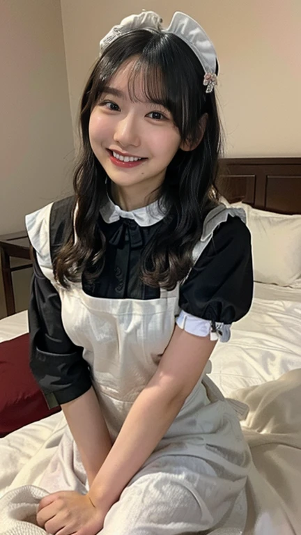 ((Highest quality、masterpiece、、Best image quality、Ultra-high resolution、Award-winning works)、(Maid clothes:1.8)、(Accurate anatomy:1.1)、(On the bed:1.52)、(Look at me and smile:1.1)、Ultra-high resolution for bright and fair skin、The most detailed face、Ultra-high resolution detailed face、Ultra-high resolutionの髪の毛、Ultra-high resolutionの煌めく瞳、Beautiful face drawn in every detail、(Bedroom:1.1)、beautiful japanese actress face、((whole body:1.6))、Small breasts