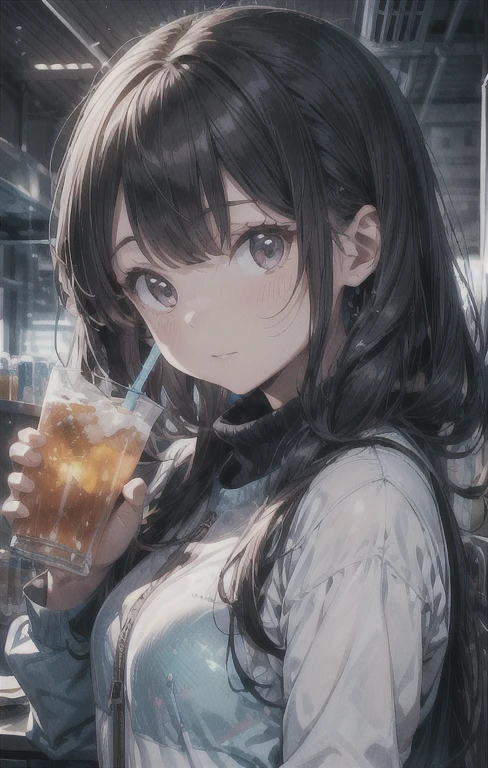 original photo, best quality), 1 girl, Kanao Tsuyuri, natural lighting, Upper body, cafes, Smile, Satosh Khan Art Style