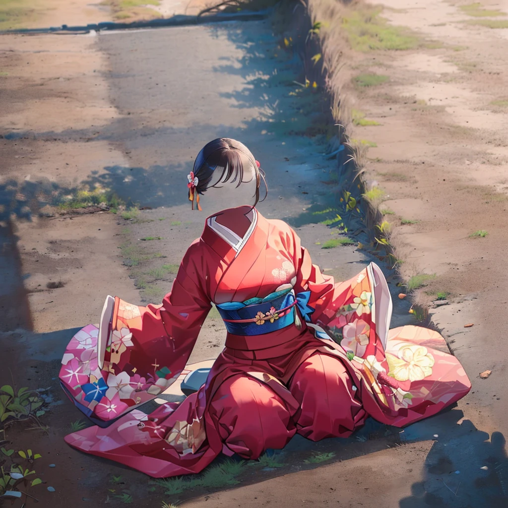 1girl, 15-years-old, cowboy shot, (invisible:1.5, no humans:1.5, headless:1.5, faceless:1.5), (cute big breasts), chubby, fat, kimono, Seiza, kneeling, leaning forward, from above, on floor, Best-quality, Masterpiece, Ultra-High-Resolution