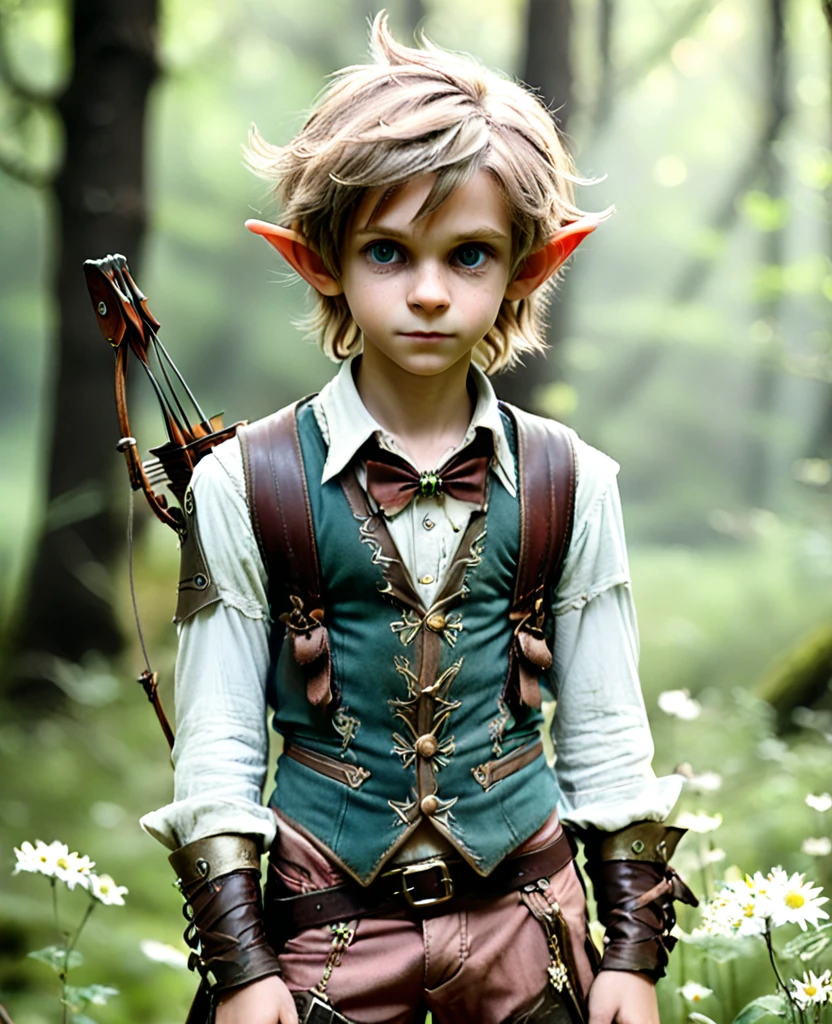 cute elf, teenager 19 years , elf  with extremely cute eyes , elf , with a bow and arrows on his back High resolution , extremely detailed , masterpiece , looks like Aerith Gainsborough, Dramatic shadows, depth of field, Analog photo style , post apocalyptic cute boy in steampunk aesthetics, torn dirty clothes, depth of field, full body shot, without increase, perfect body , short haircut , Dense forest , a meadow with beautiful bright flowers , dynamic pose, On the move, Armageddon, Increase cinematic lighting, Very realistic skin texture, parted lips, Tired eyes, Perfect eyes, Bleached skin, random hair color,