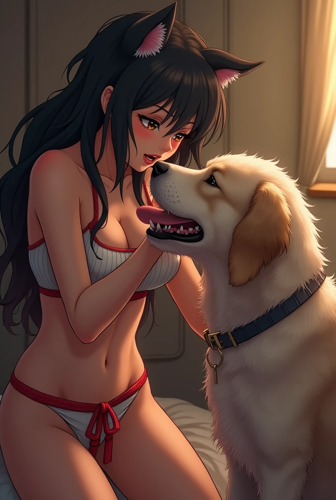 score_9, score_8_up,score_7_up, source_anime, solo, 1girl, cute girl, black hair, nude, big breast, puffy nipples, ponytail, on all fours, handjob, licking, (from behind position:1.4), (doggystyle:1.4), sex, (2dogs:1.2), (dog penis), (surrounded by penises), (fucking:1.6), (large penis), (cum projectile:1.3), half closed eyes, steam, open mouth, big mouth, uvula saliva, tongue out, cum on mouth, tongue out, cum in nose, simple background,