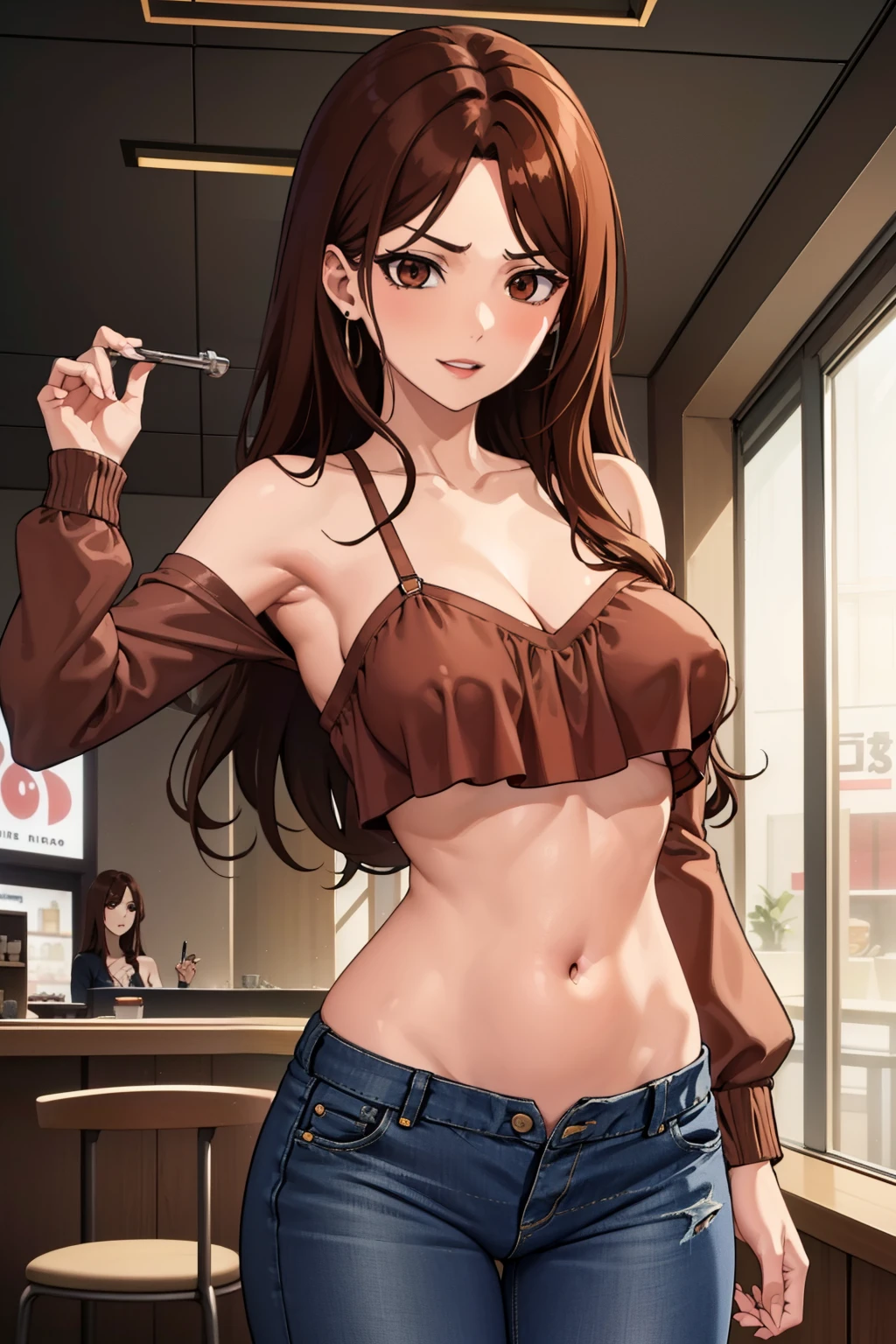 muginoshizuri, mugino shizuri, (brown eyes:1.7), brown hair, long hair, (swept bangs:1.5), large breasts,
 blush, lipstick, long hair, earrings, red lips, ear piercing, long hair, blush, lipstick,Hot girl, baddie,
smoking, sensual, attractive ,mall, shopping center,indoors, bar background, inside bar, long sleeves,
cleavage, mall, shopping center,indoors, masterpiece,high quality,4k, bare shoulder,belly,crop top,holding
pistol,cleavage,casual dress, bar background, inside bar,
indoor,smile, open mouth, (nsfw) not safe for work, evil expression, exposed belly, exposed navel,
exposed midriff, exposed lower belly, crop top overhang, underboob,jacket, unbuttoned jeans , low
rise black jeans, Low rise jeans, Low rise jeans with open fly, navel piercing