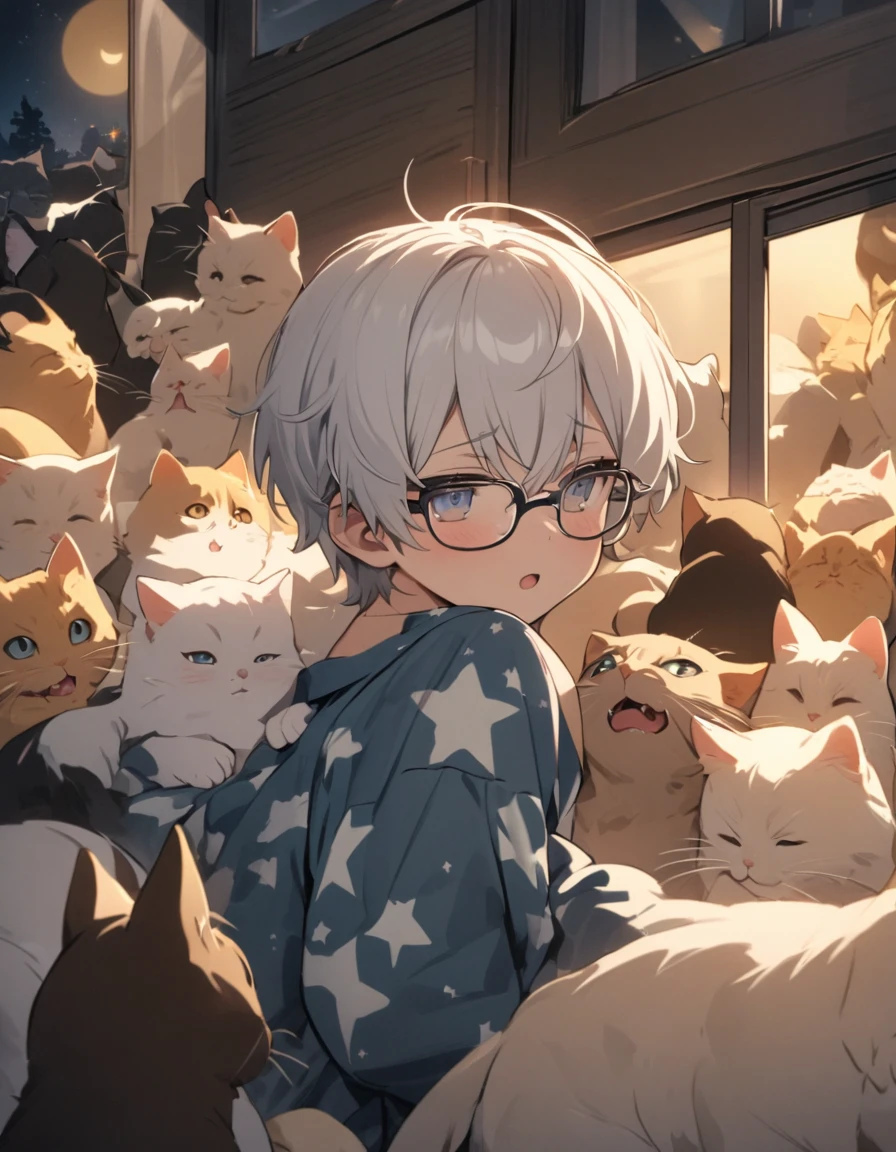 Masterpiece,  ((a cute boy)), white hair, glasses, star pattern pajamas, surrounded by many cats, the moon from the window, Night