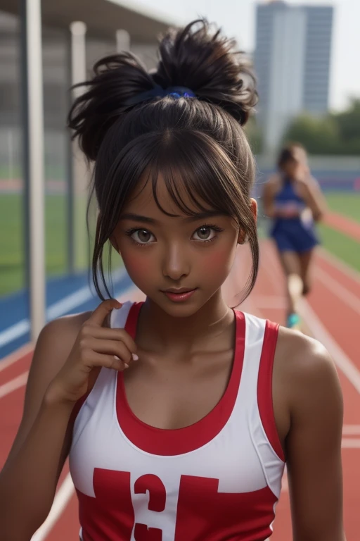 (((( one girl )))), Put your hand over your mouth、Beautiful breasts、 Brown eyes, ((Gal Hairstyles)) blonde, girl, (Eye and facial details:1.0), break, (masterpiece, Highest quality, Very detailed, Detailed face, 8k),( dark skin:1.8 ), (((( track and field uniform )))),( open mouth ),(((( 9歳 ))))