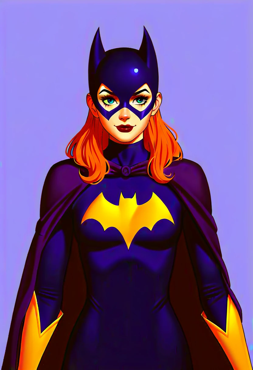 (Cinematic Film stock footage style) in (arri alexa style) (Kodak film print style), cape, cape under shoulders
 Batgirl a woman in a Batgirl costume with a bat mask