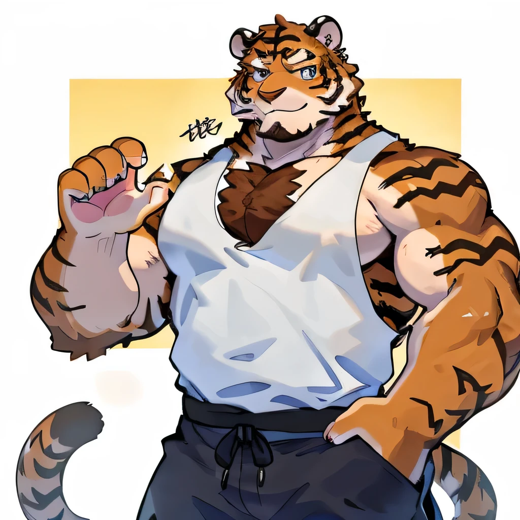 1 boy, solitary, anthropology, Tiger, hairy, Broad palm，Hairy Palms，A tail，The fur changes from yellow to red from south to north., Where people gather，Sparkling blue eyes, Pink Macho，Pink palm，Meatballs on hands（Cat&#39;s Paw），Pink palm pad（Feline meat pads），Have abdominal muscles，muscular, Handsome,, Black pants, White shirt, Warm smile, sleep, high quality, Super Detail, 1080P, high quality, high quality, best quality, 8k, Super Detail, 16K, White background